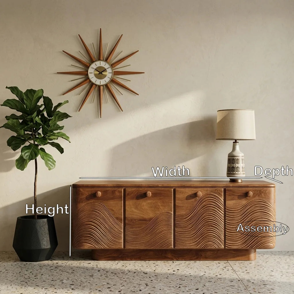 Mid Century Carved Sideboard With Four Compartments For Living Room