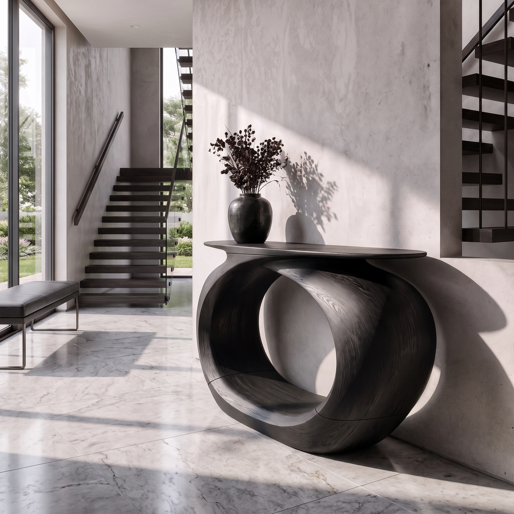 Rustic Sculptural Console Table Rounded Hollow Base For Entryway Foyer