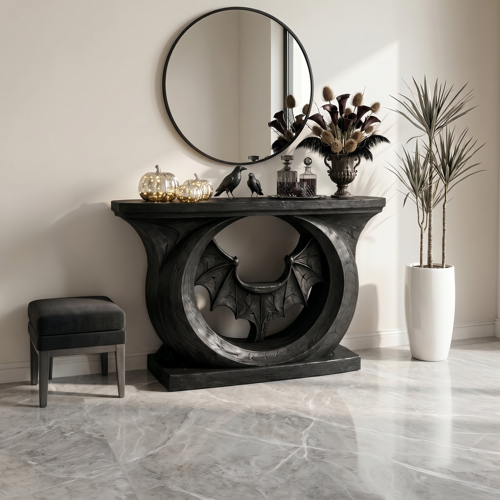 Contemporary Halloween Console Table With Sculptural Bat Design For Entryway And Living Room