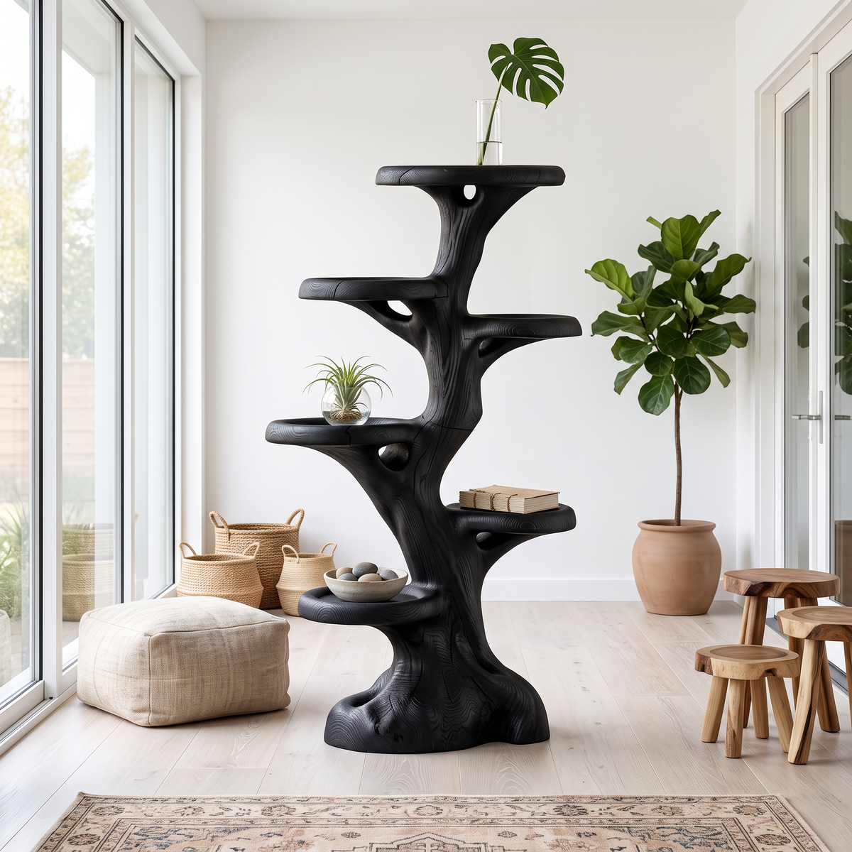 Rustic Multi Tier Plant Stand With Tree Stump Design For Patio And Sunroom