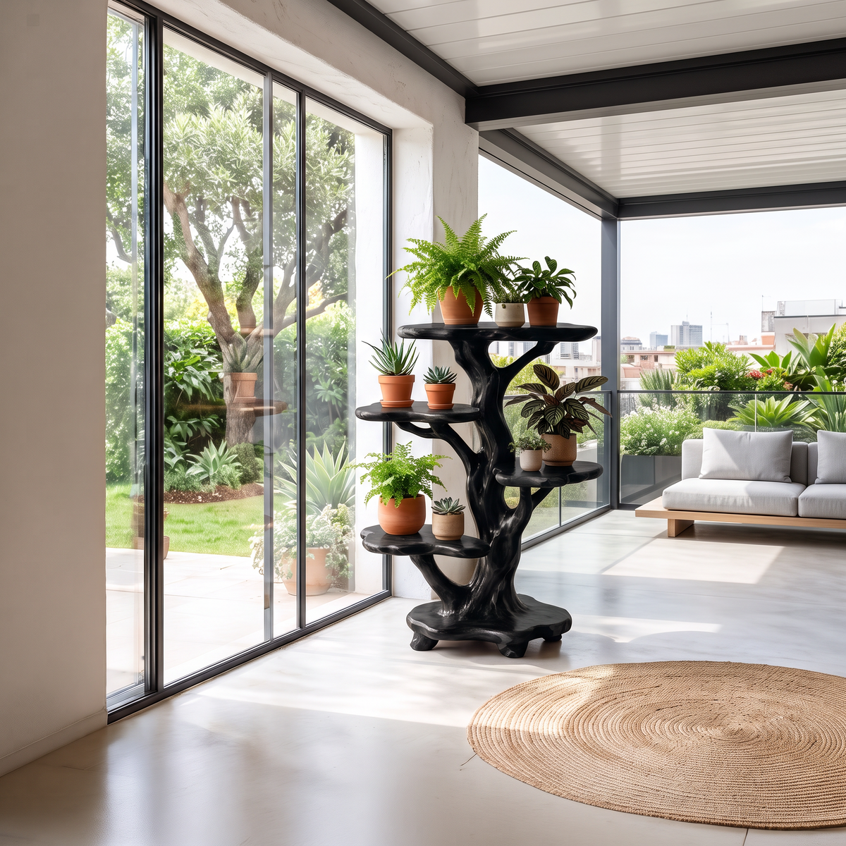 Natural Tree Plant Stand With Tiered Branch Shelves For Living Room And Entryway