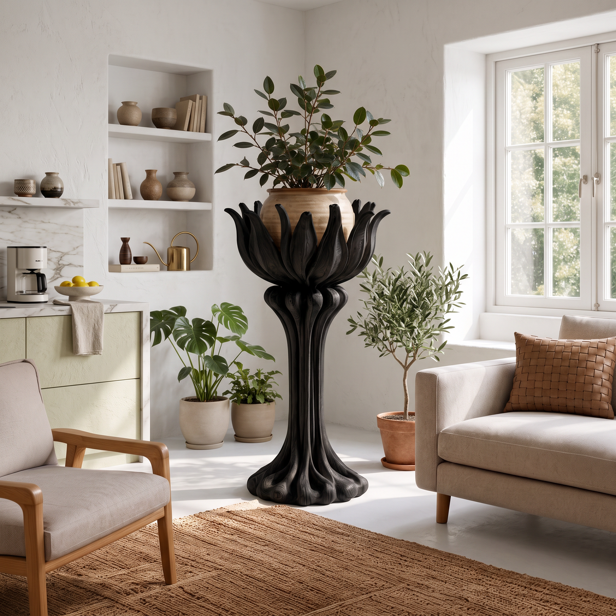 Rustic Plant Display Stand With Tree Trunk Design For Living Room And Patio