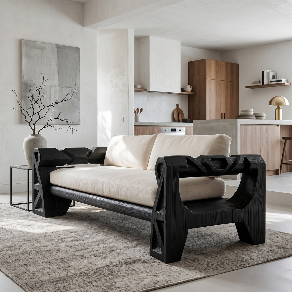 Handcrafted Sofa Frame With Sculptural Wood Armrests For Living Room