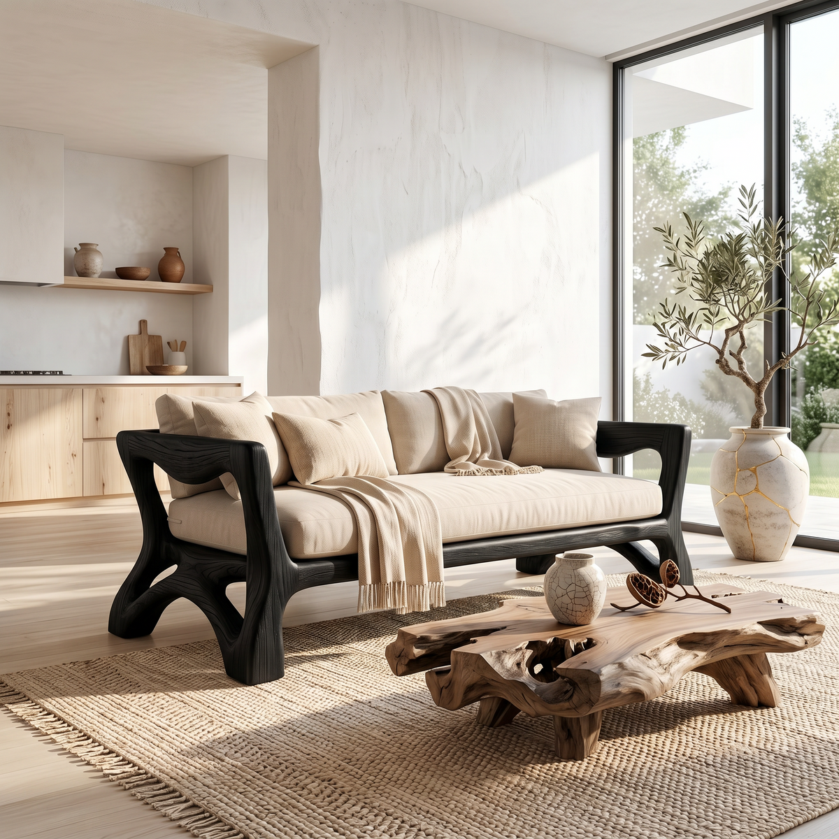 Sculptural Sofa Frame With Solid Wood Armrests For Living Room