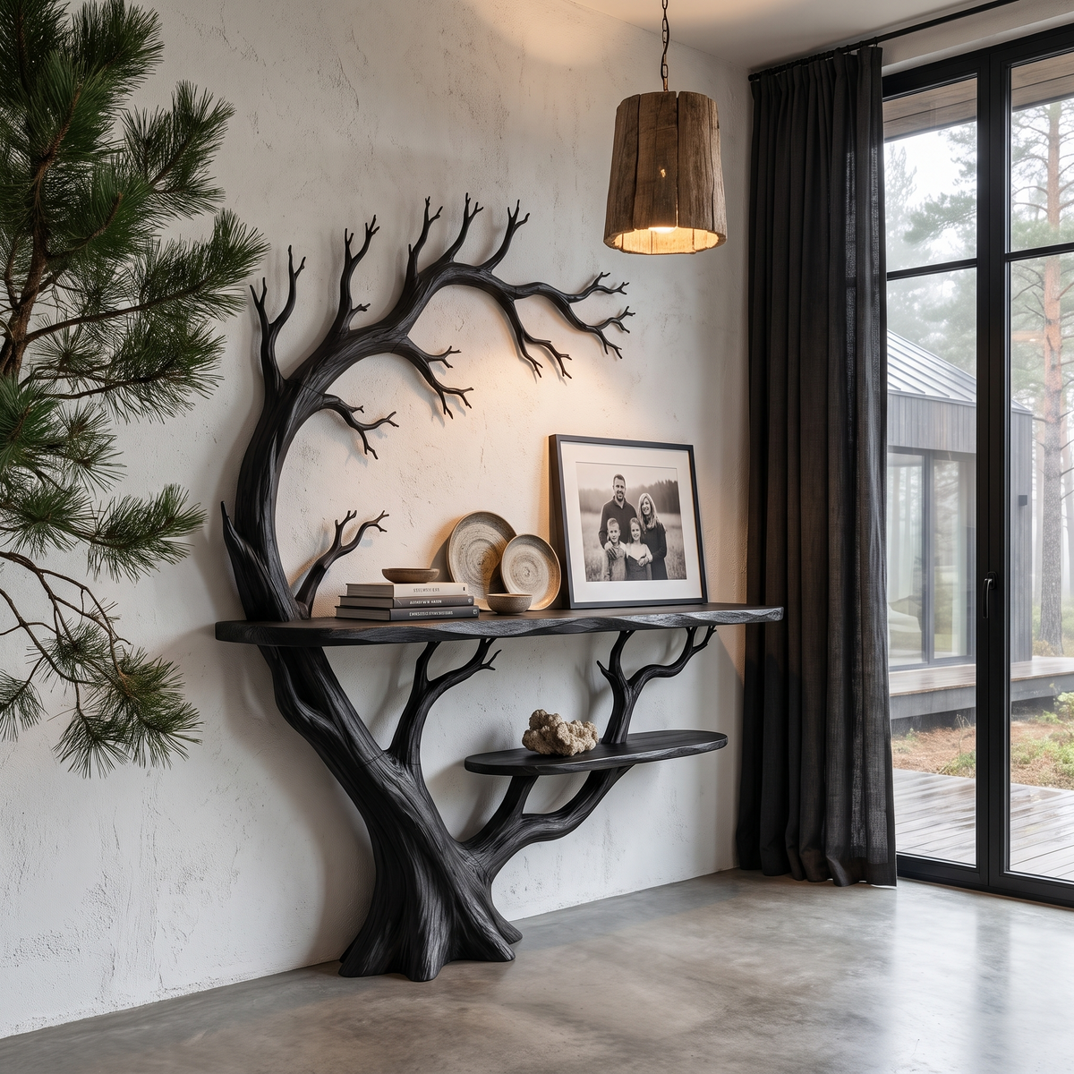 Organic Console Table With Tree Branch Shelf Design For Entryway And Living Room