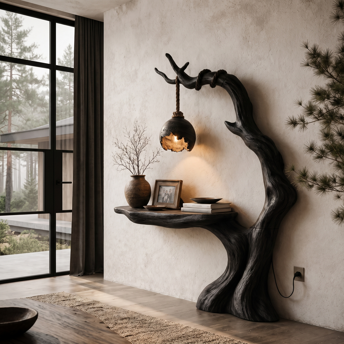 Organic Console Table With Tree Branch Floor Lamp Design For Entryway And Living Room