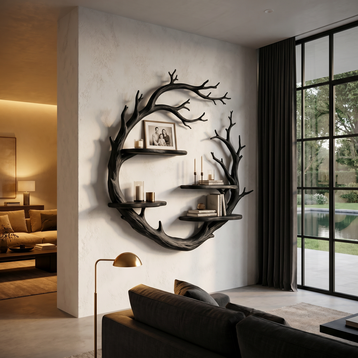 Contemporary Floating Shelf With Tree Branch Display Design For Living Room And Hallway