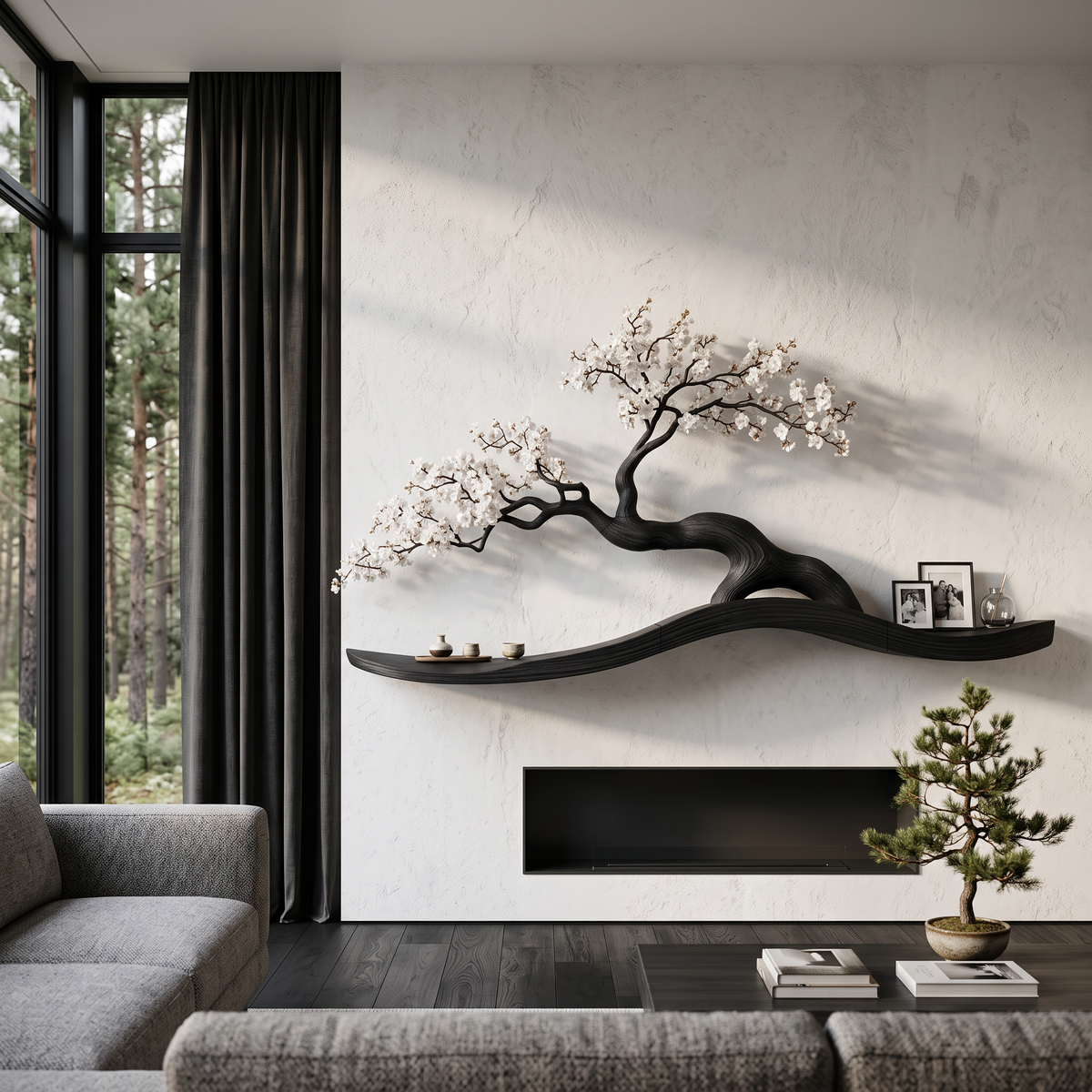 Organic Wall Mounted Shelf With Sculptural Tree Branch Design For Living Room And Bedroom