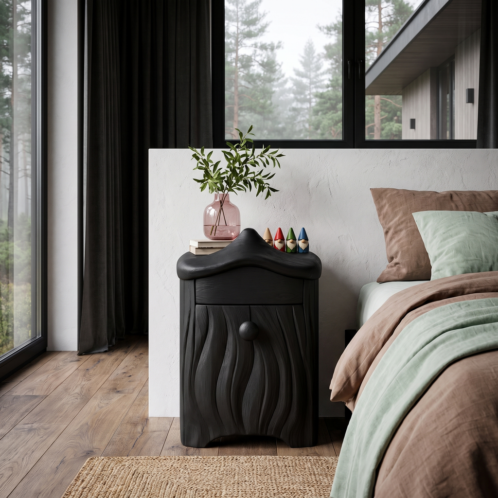 Minimalist Solid Wood Bedside Table With Artistic Door Design