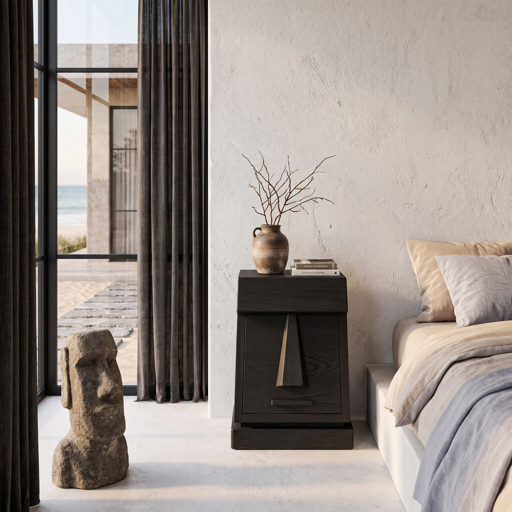 Rustic Solid Wood Bedside Table With Geometric Wooden Door