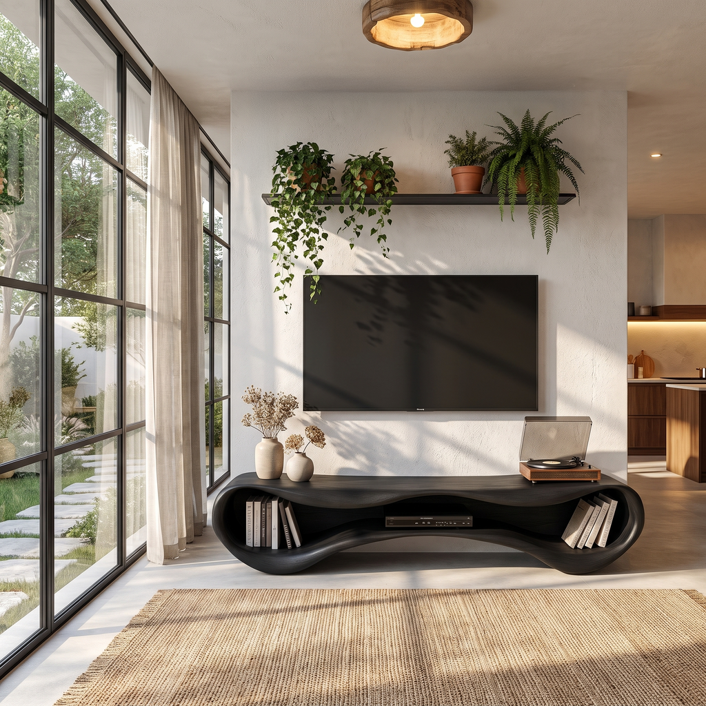 Modern Flowing Base TV Cabinet Wooden Media Unit For Living Room
