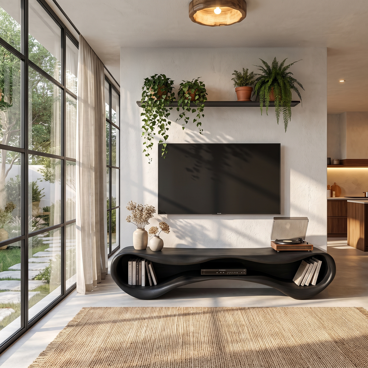 Modern Flowing Base TV Cabinet Wooden Media Unit For Living Room