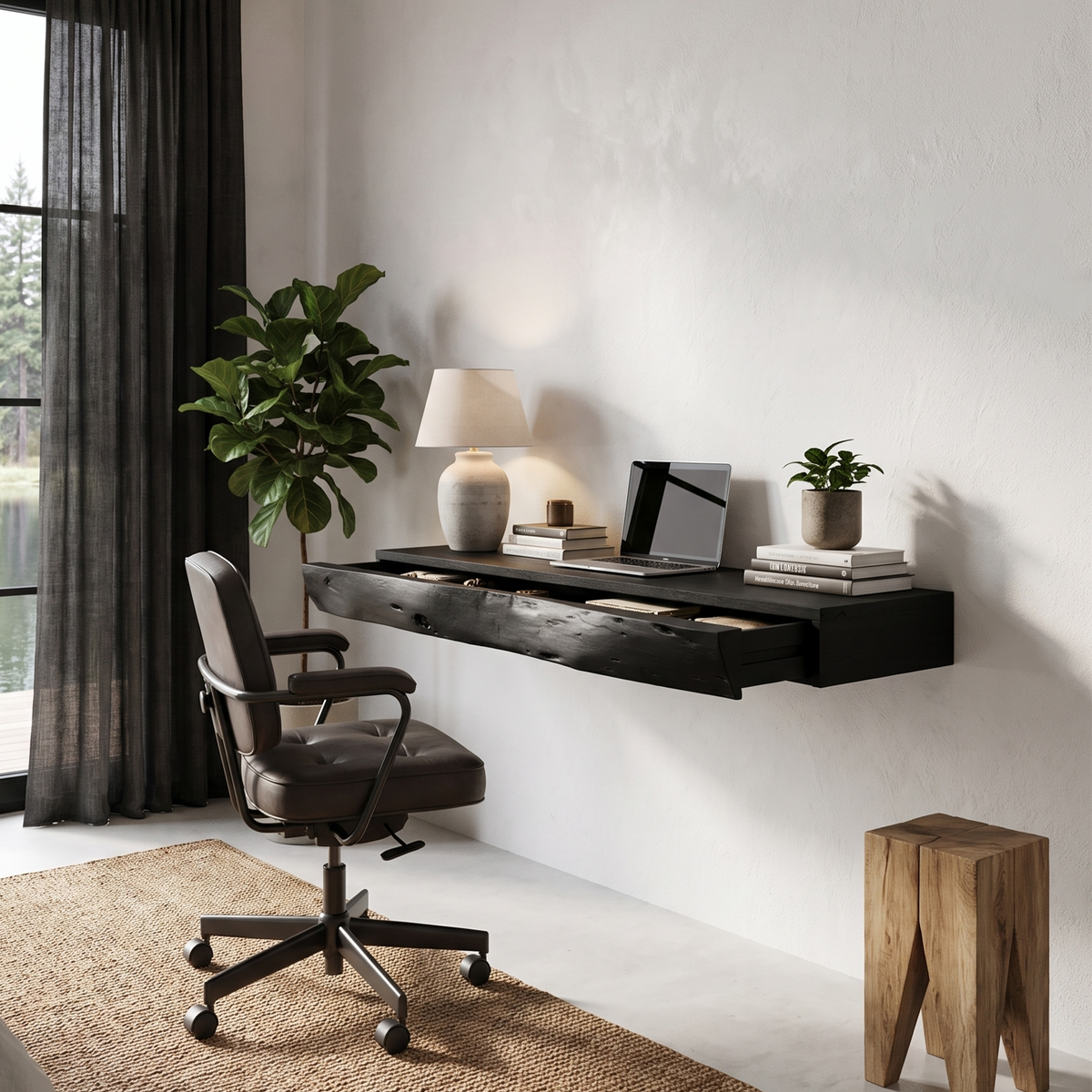 Rustic Floating Desk With Live Edge Design For Home Office And Workspace