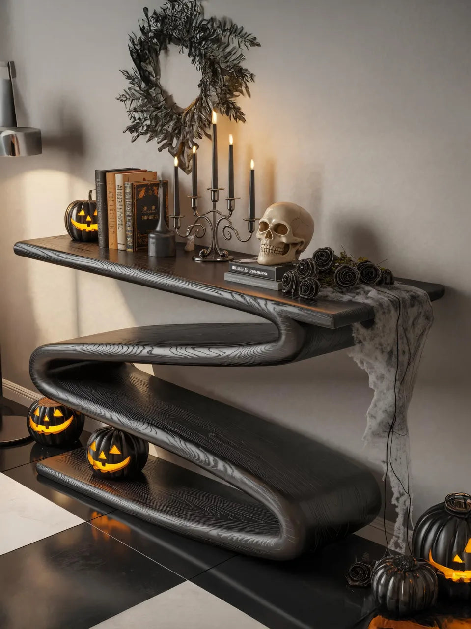 Modern Black Wooden Console Table Curved Design For Halloween Decor