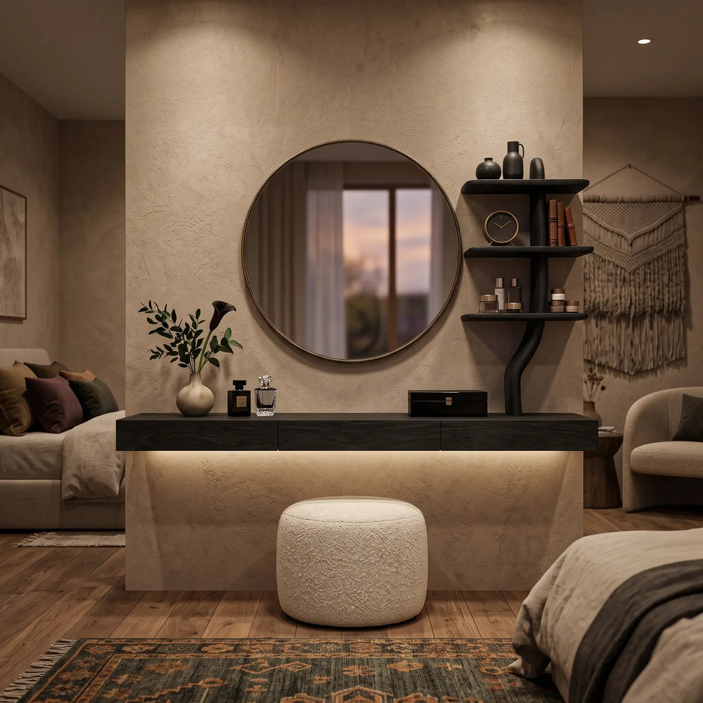 Wall Mounted Makeup Vanity With Tree Form Shelving For Bedroom
