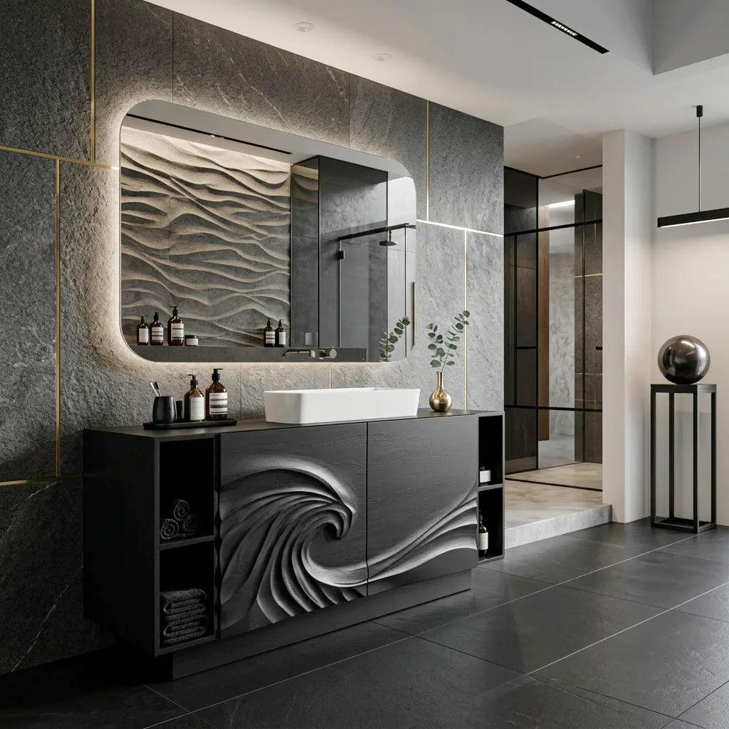 Modern Sculptural Wave Carved Bathroom Vanity For Master Bathroom
