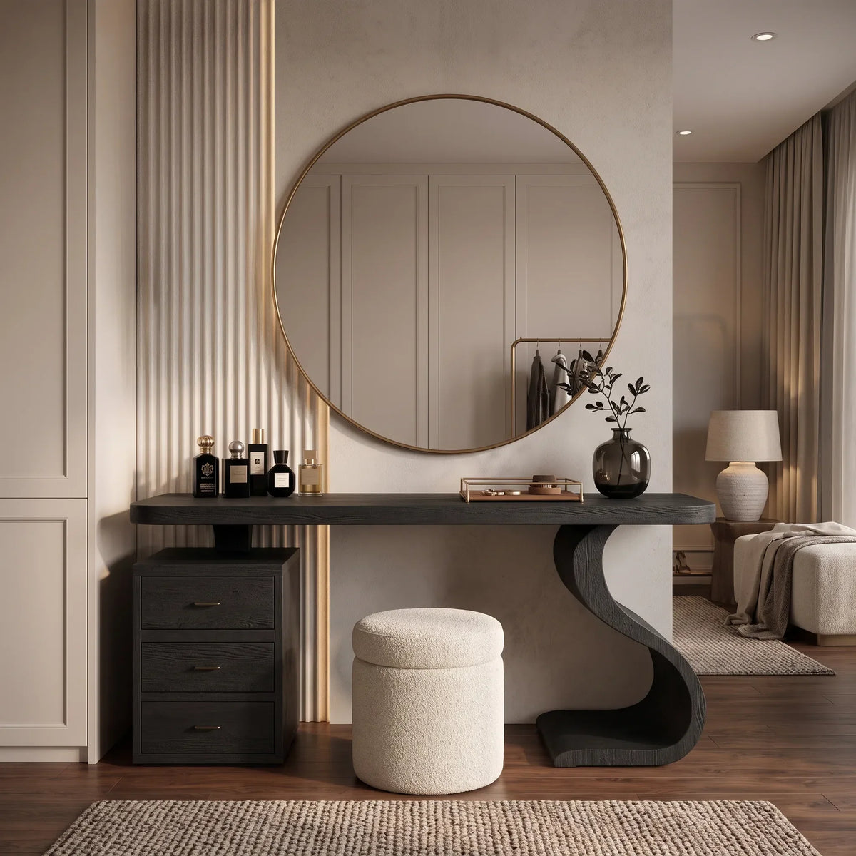 Sculptural Makeup Vanity S Curve Pedestal For Modern Bedroom