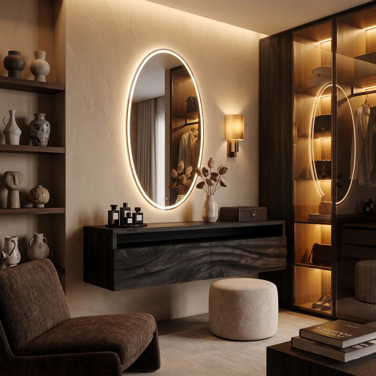Modern Floating Makeup Vanity Layered Wavy Carved Drawers For Bedroom