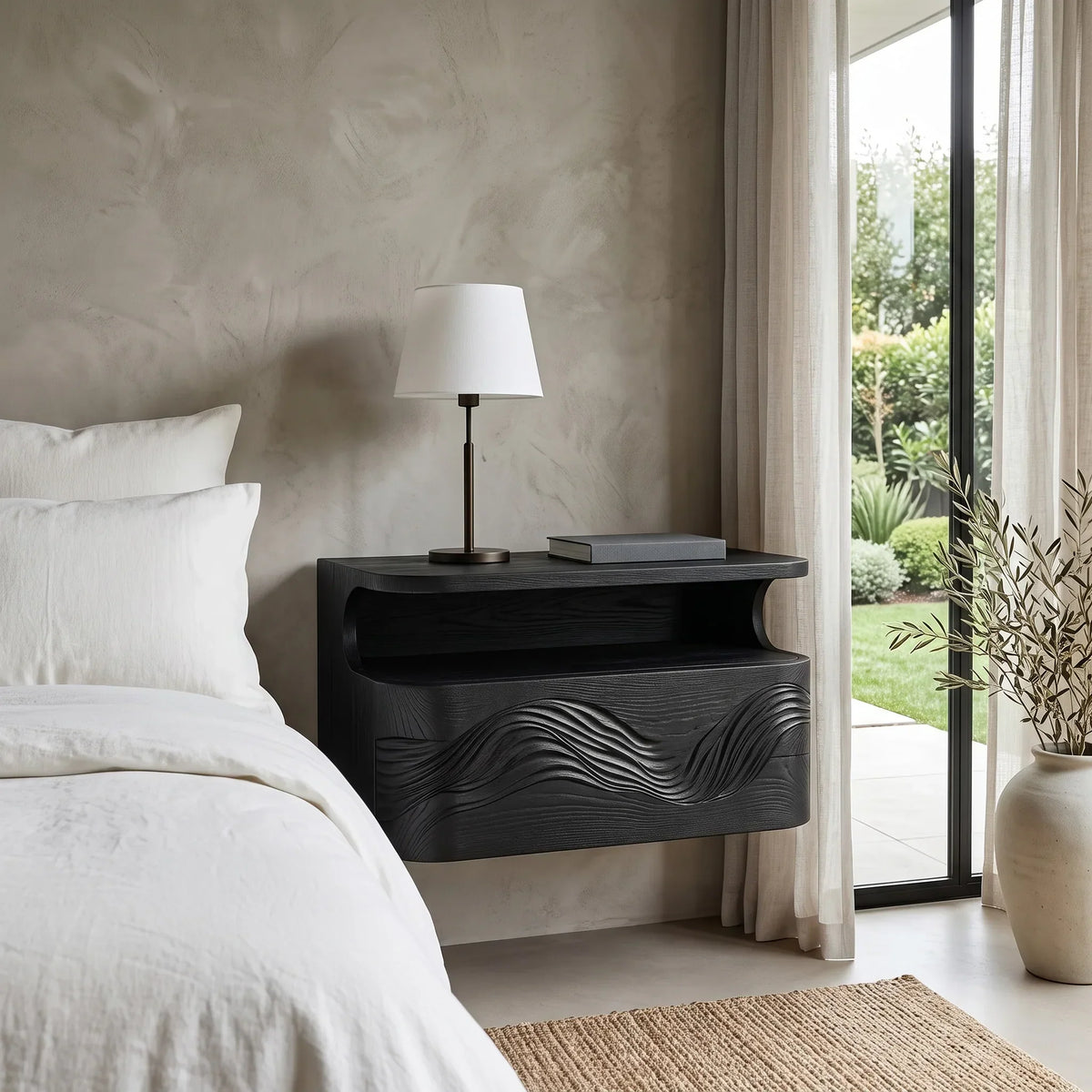 Organic Wave Carved Floating Nightstand For Bedroom