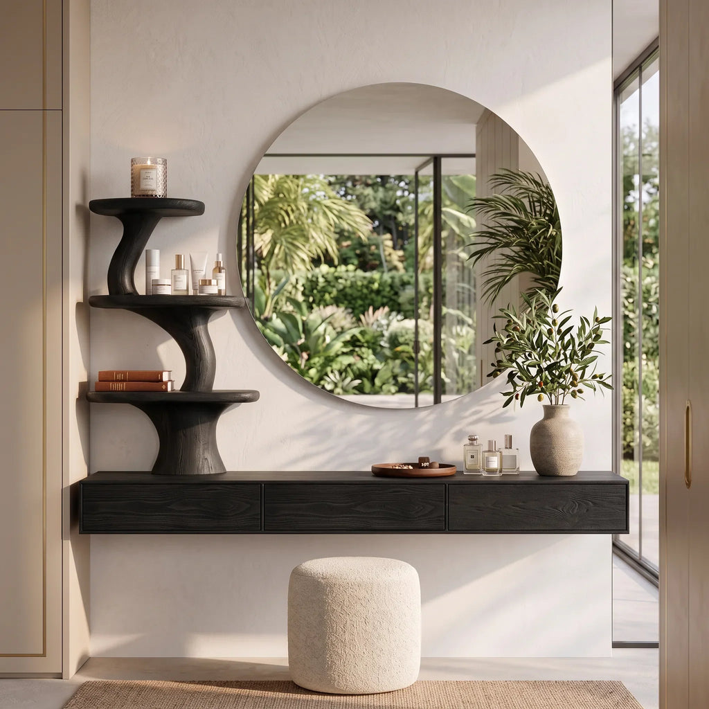 Organic Floating Makeup Vanity With Tree Form Shelve For Bedroom