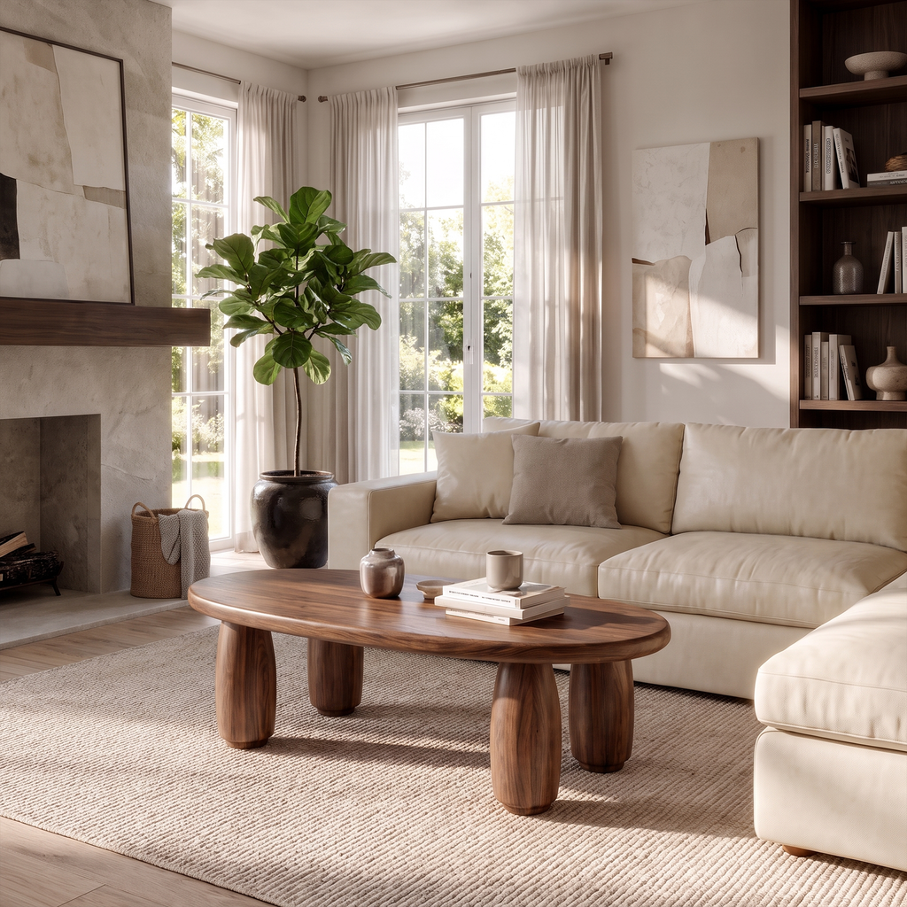 Natural Coffee Table With Organic Rounded Base For Living Room And Family Room