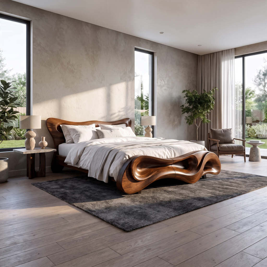 Modern Bed Frame With Wave Inspired Silhouette For Bedroom