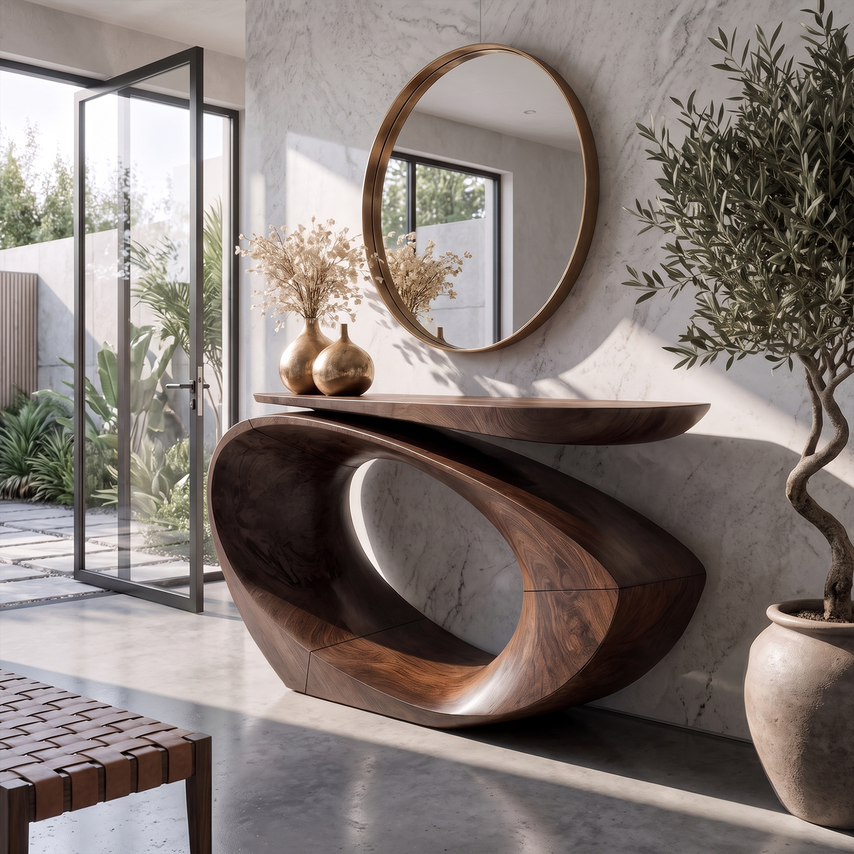 Sculptural Console Table Asymmetrical Hollow Oval Base Design For Foyer