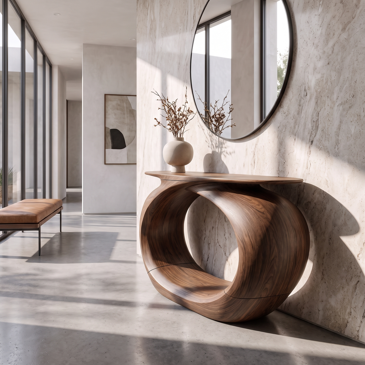 Rustic Sculptural Console Table Rounded Hollow Base For Entryway Foyer