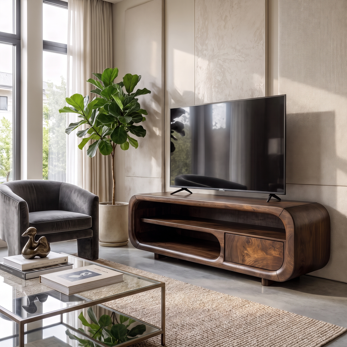 Natural Media Console With Flowing Loop Design For Living Room And Lounge