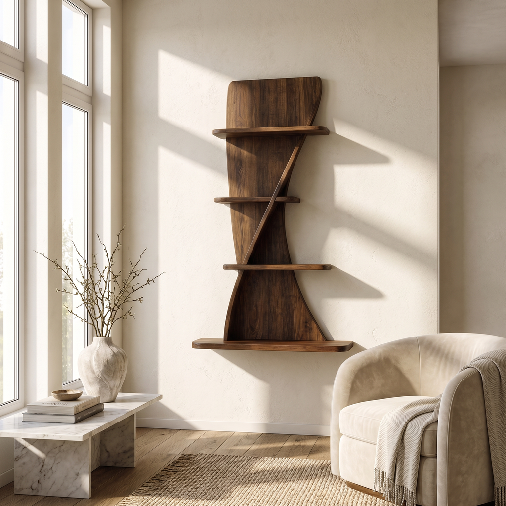 Sculptural Bookshelf Handcrafted Curved Wood Shelves For Home Office