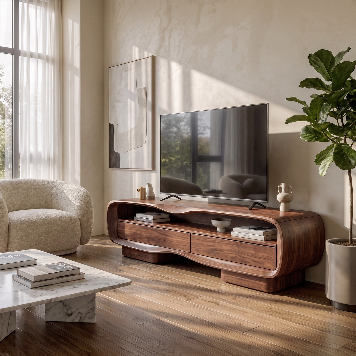 Natural Media Console With Solid Block Design For Living Room And Family Room