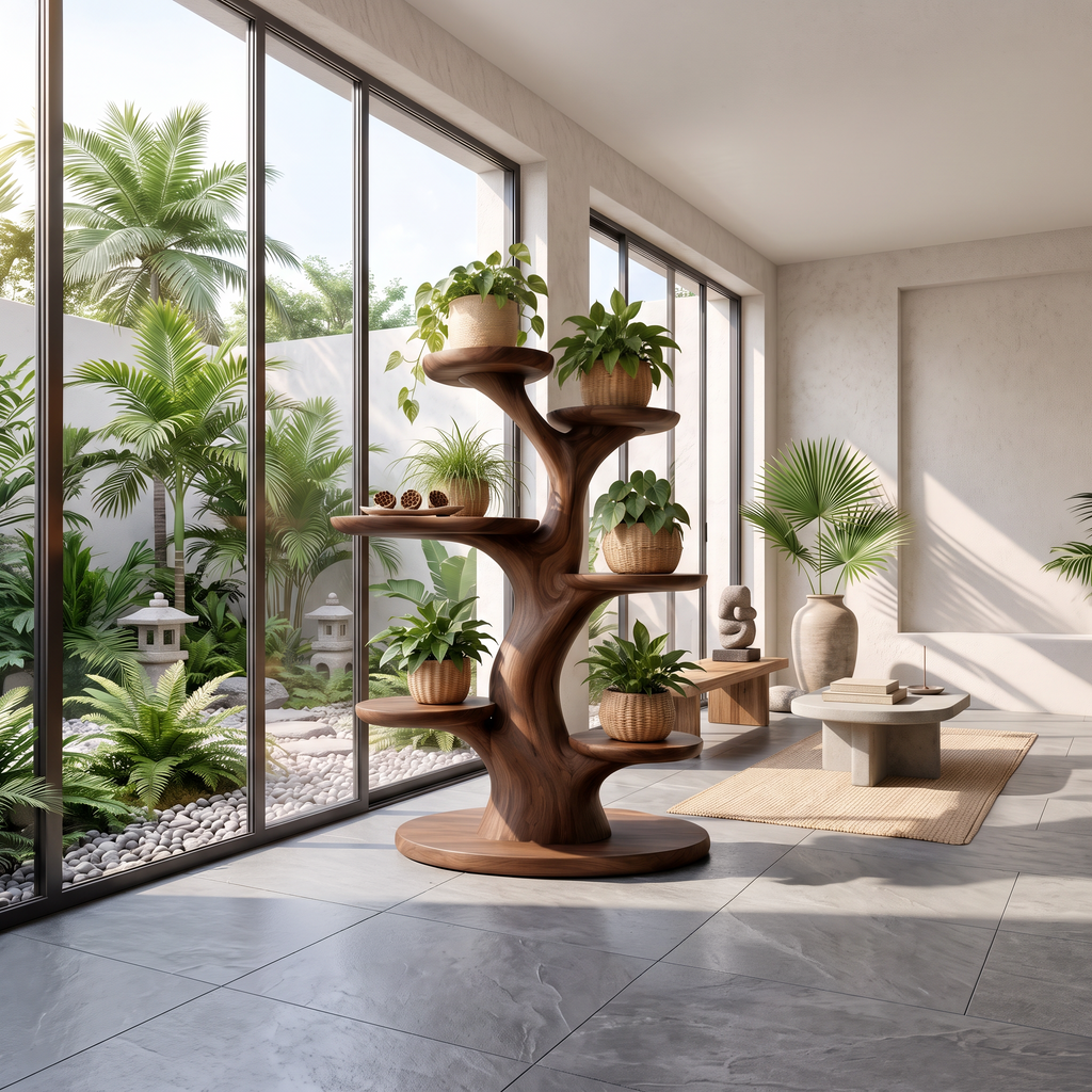 Organic Plant Stand With Flowing Tiered For Balcony