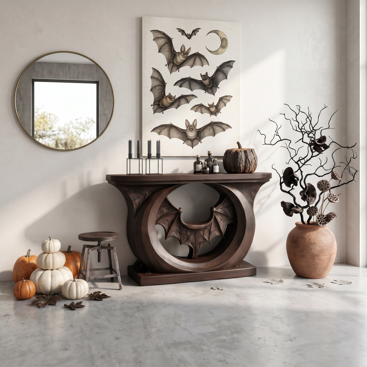 Contemporary Halloween Console Table With Sculptural Bat Design For Entryway And Living Room