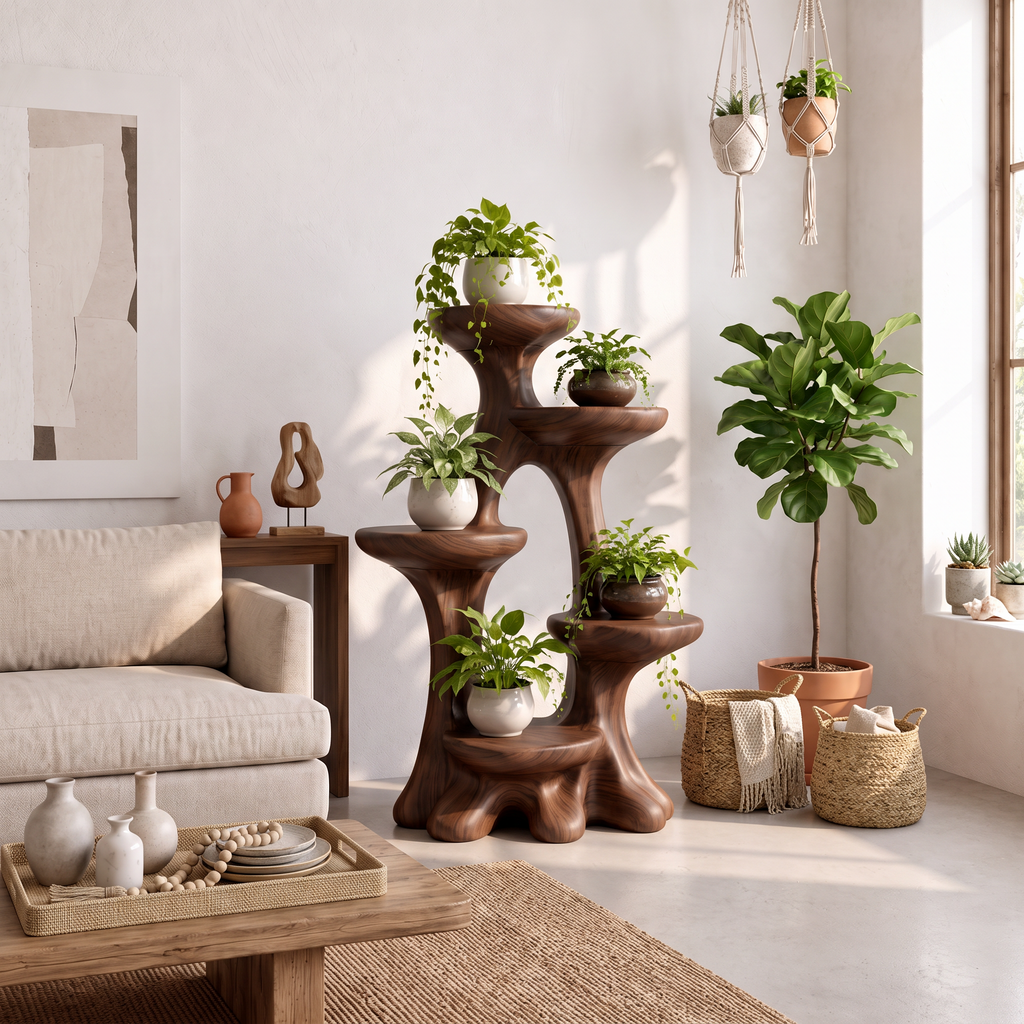 Organic Tree Plant Stand With Sculptural Tiered Design For Living Room And Sunroom