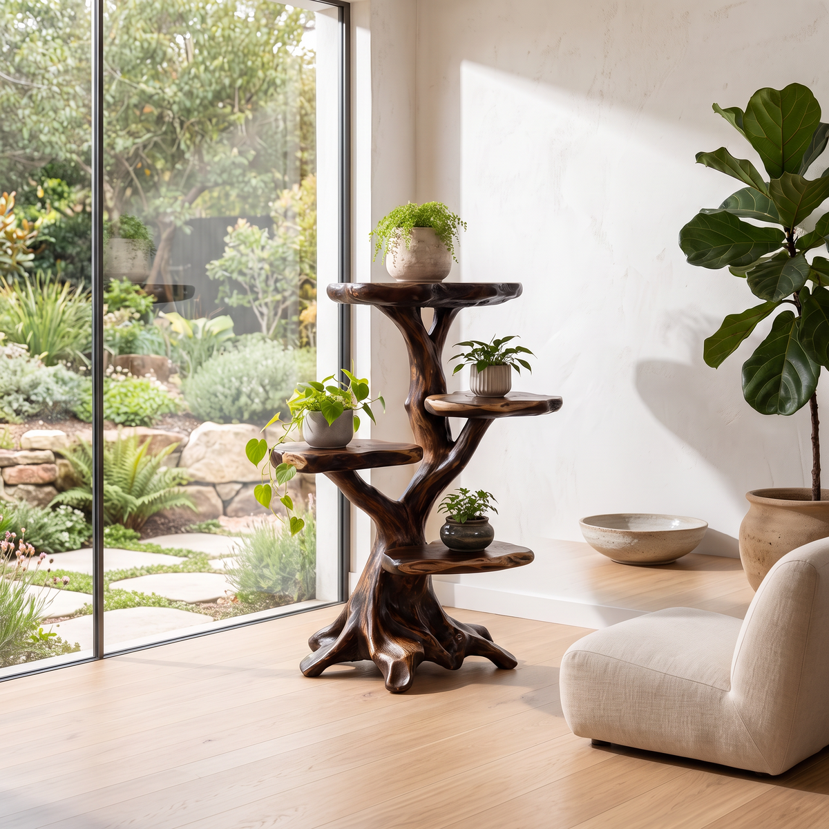 Organic Multi Tier Plant Stand With Sculptural Tree Design For Living Room And Sunroom