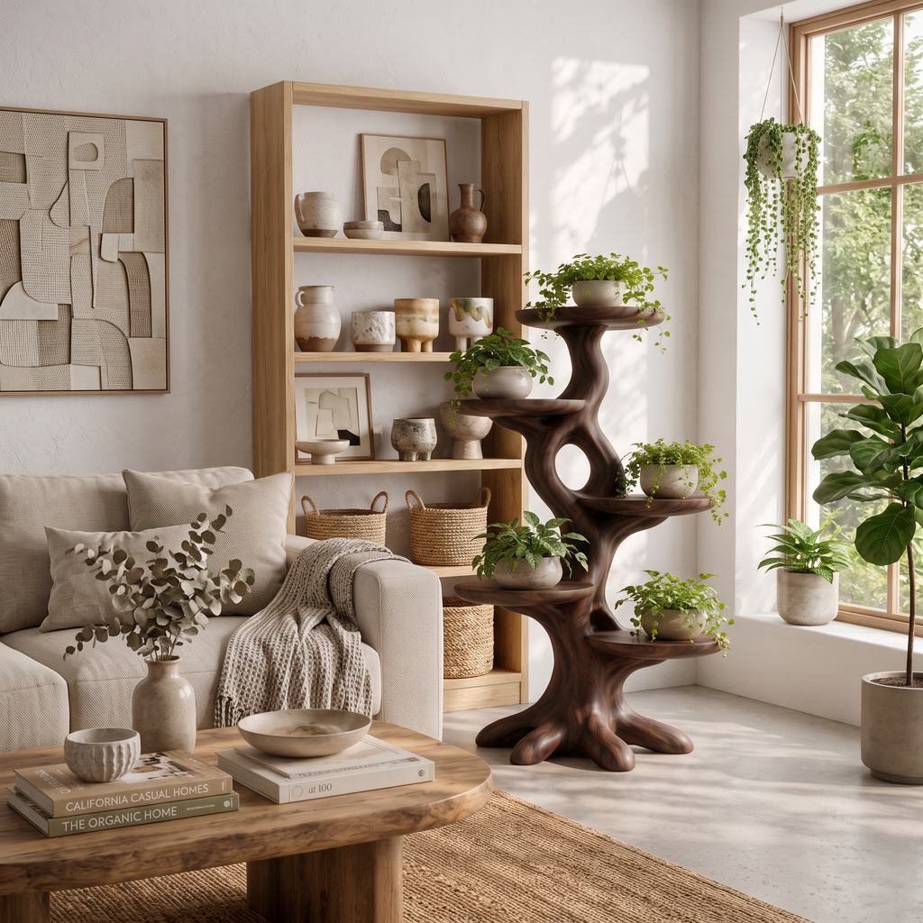 Natural Indoor Plant Stand With Flowing Tree Form For Living Room And Balcony
