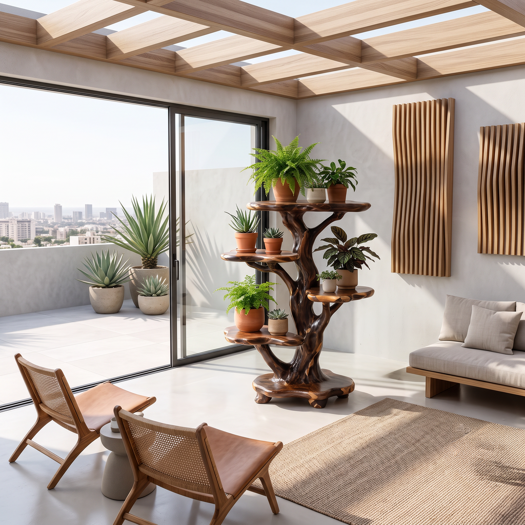Natural Tree Plant Stand With Tiered Branch Shelves For Living Room And Entryway