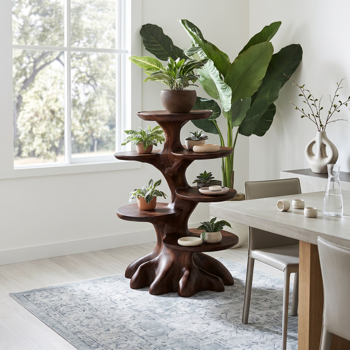 Rustic Indoor Plant Stand With Tree Stump Form For Sunroom And Patio
