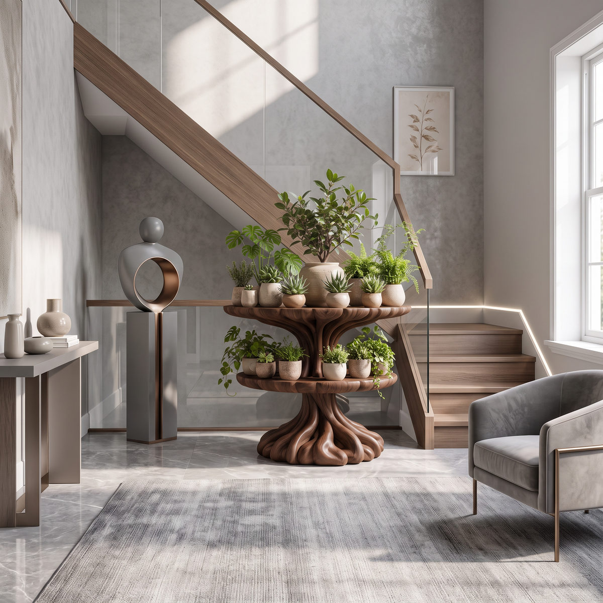 Modern Multi Tier Plant Stand With Architectural Curved Design For Office And Living Room