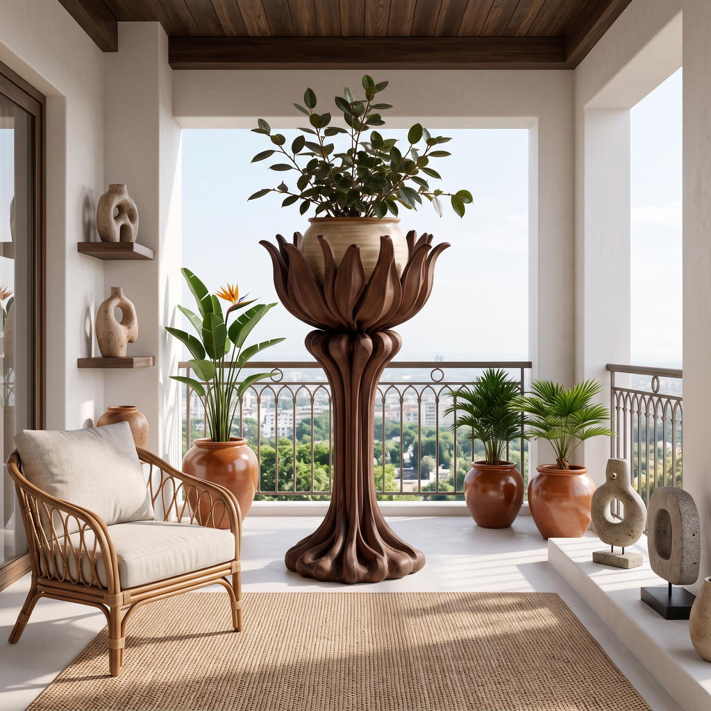 Rustic Plant Display Stand With Tree Trunk Design For Living Room And Patio
