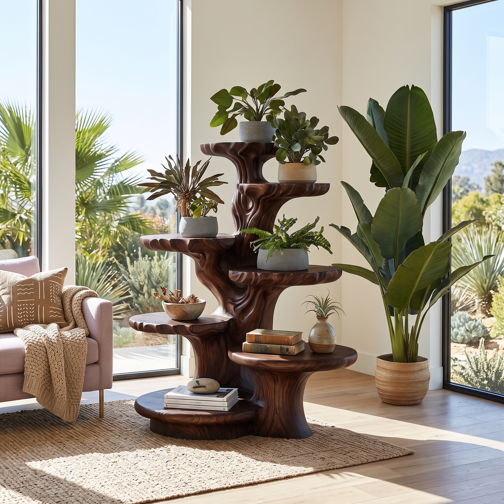 Organic Multi Tier Tree Plant Stand Solid Wood For Living Room