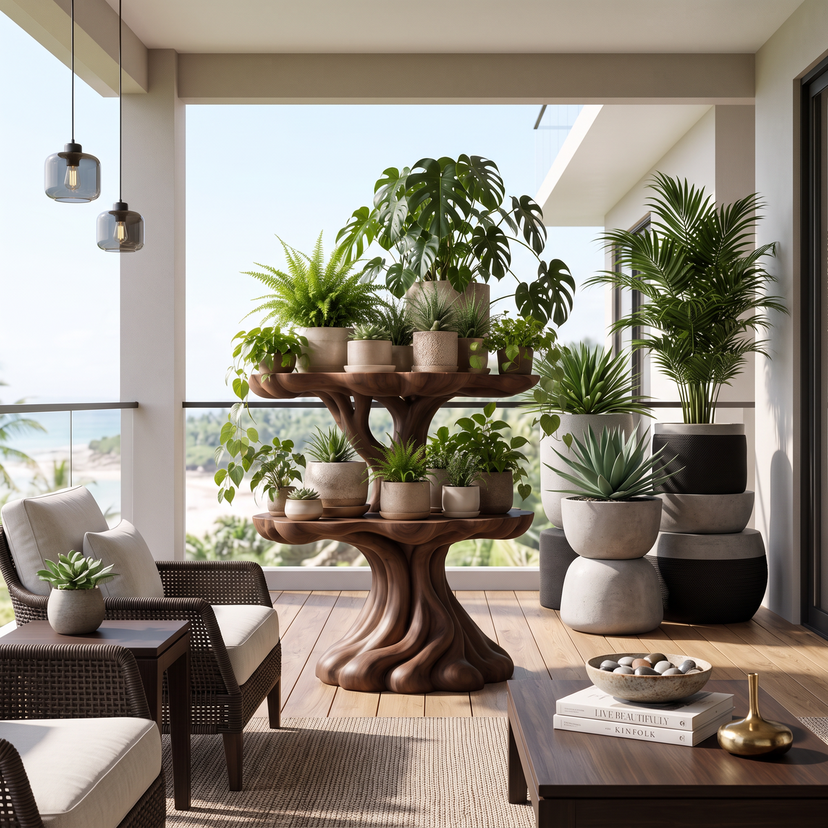 Contemporary Tiered Plant Shelf With Organic Branch Design For Living Room And Entryway