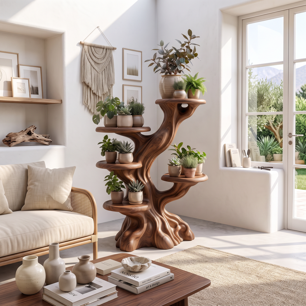 Rustic Sculptural Tree Plant Stand Multi Tier Display For Living Room
