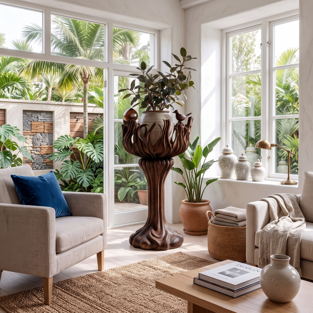 Contemporary Tree Shaped Plant Stand With Sculptural Form For Entryway And Sunroom