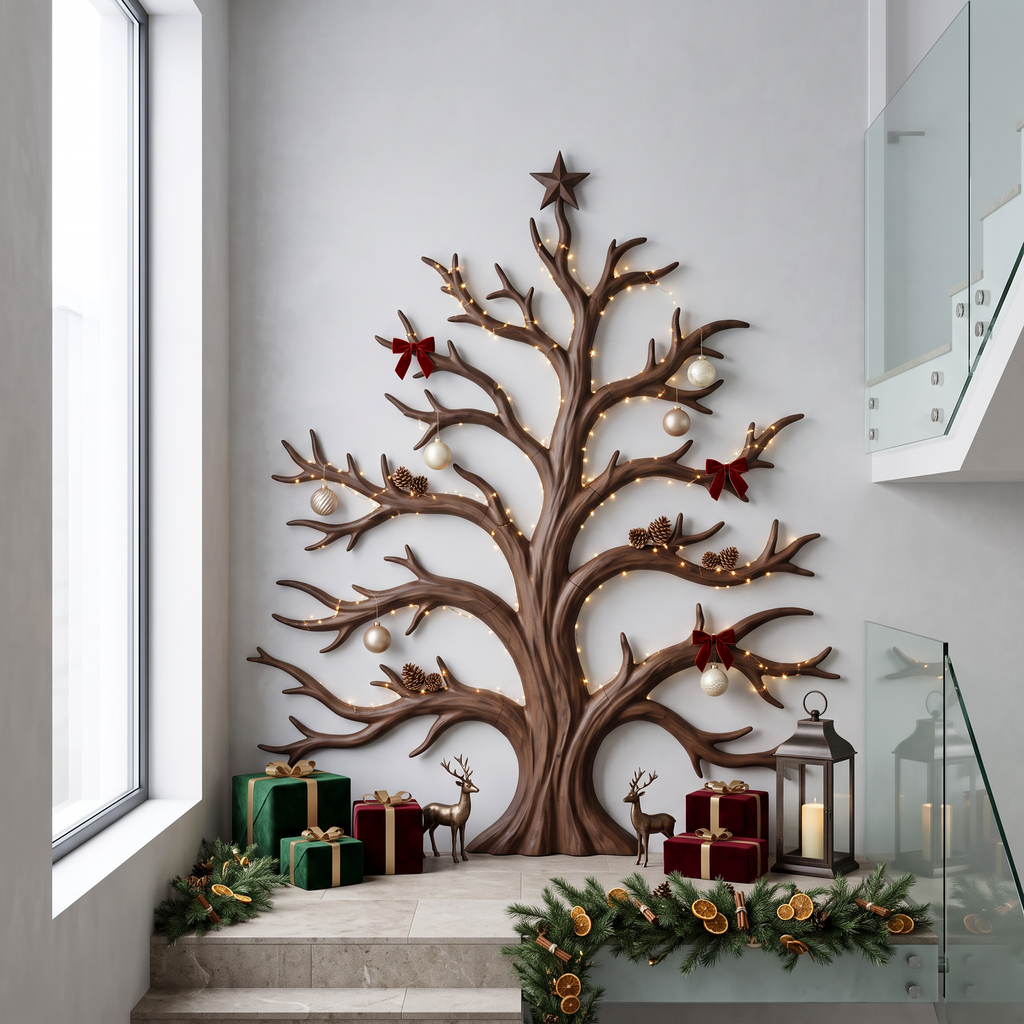 Rustic Christmas Wooden Wall Sculpture With Bare Branch Tree Design For Living Room