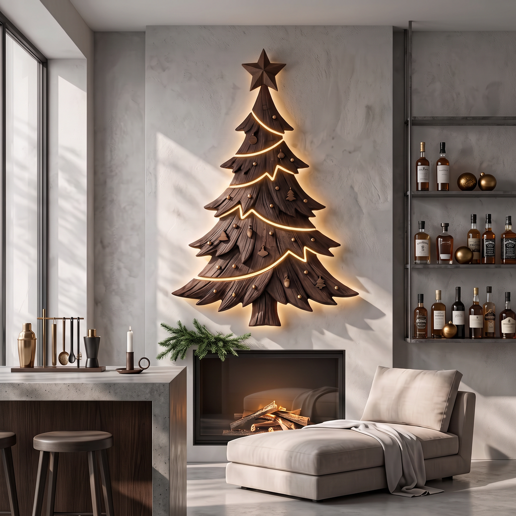 Contemporary Xmas Wall Sculpture With Evergreen Silhouette For Living Room