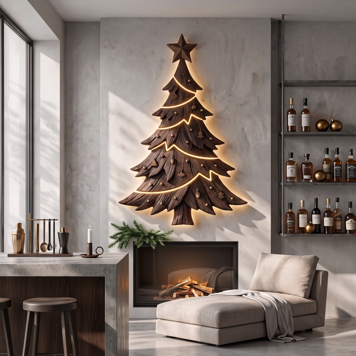 Contemporary Xmas Wall Sculpture With Evergreen Silhouette For Living Room