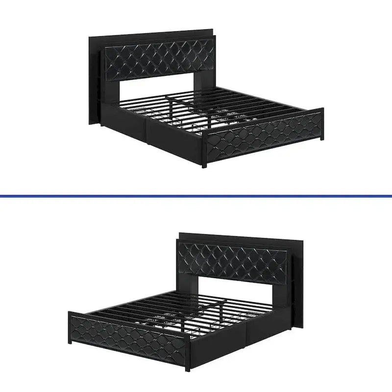Moasis Queen Upholstered Faux Leather Platform Bed Frame With Headboard, 4 Storage Drawers, RGB LED Lights, USB-C Chargi