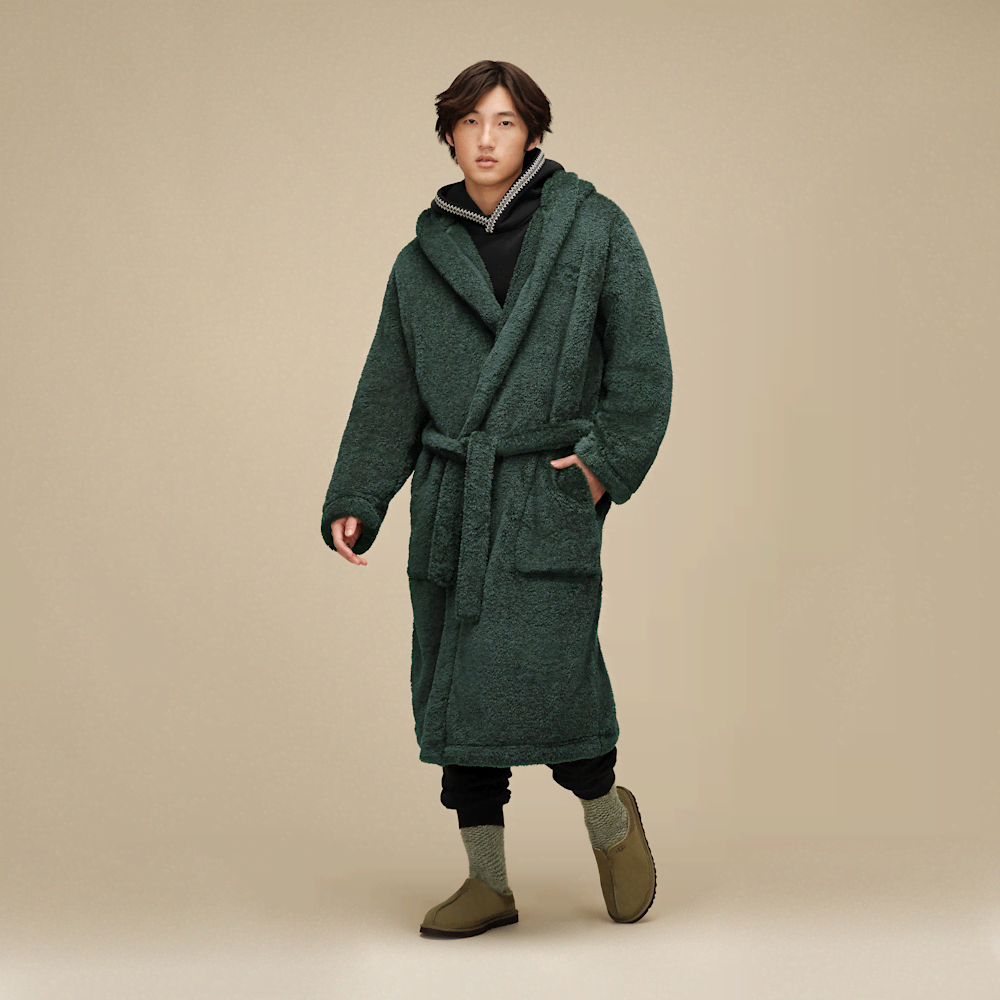Men's Hooded Plush Fleece Robe - Black