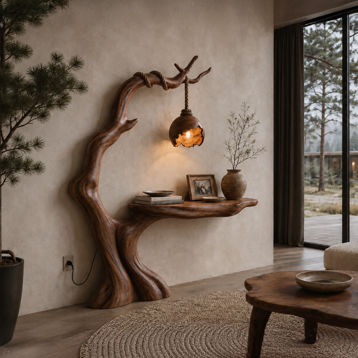 Organic Console Table With Tree Branch Floor Lamp Design For Entryway And Living Room
